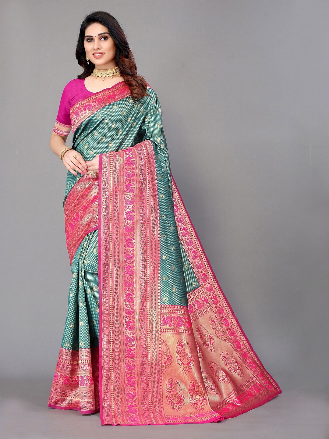

Winza Designer Teal & Pink Ethnic Motifs Zari Silk Blend Banarasi Saree