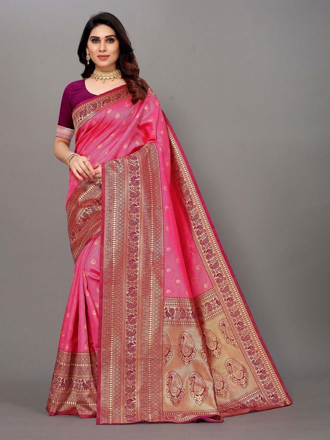 

Winza Designer Pink & Red Ethnic Motifs Zari Silk Blend Banarasi Saree