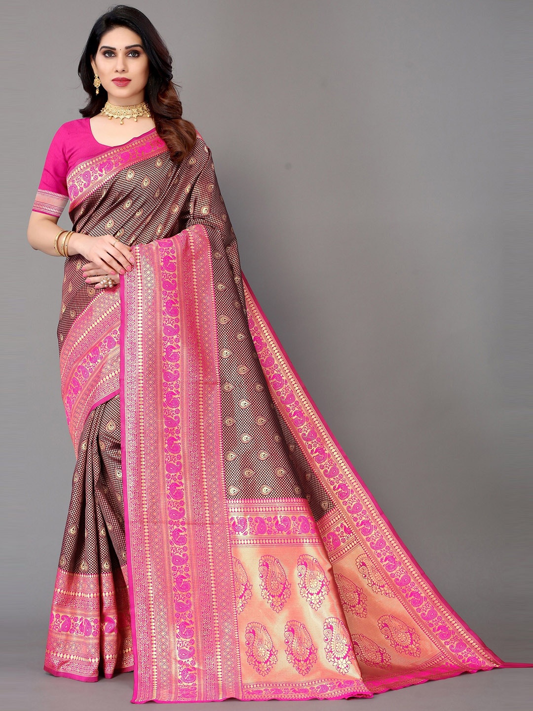 

Winza Designer Magenta & Brown Ethnic Motifs Zari Silk Blend Banarasi Saree