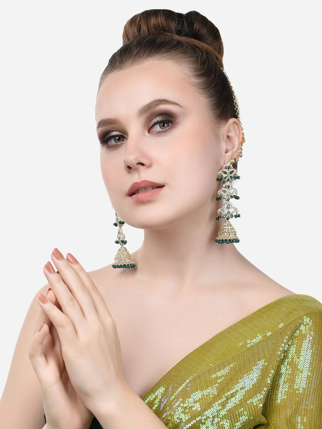 

Zaveri Pearls Green & Gold-Toned Contemporary Jhumkas Earrings
