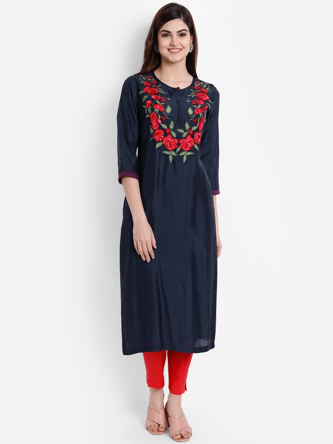 

SUTI Women Navy Blue & Red Floral Embroidered Yoke Design Cotton Kurta