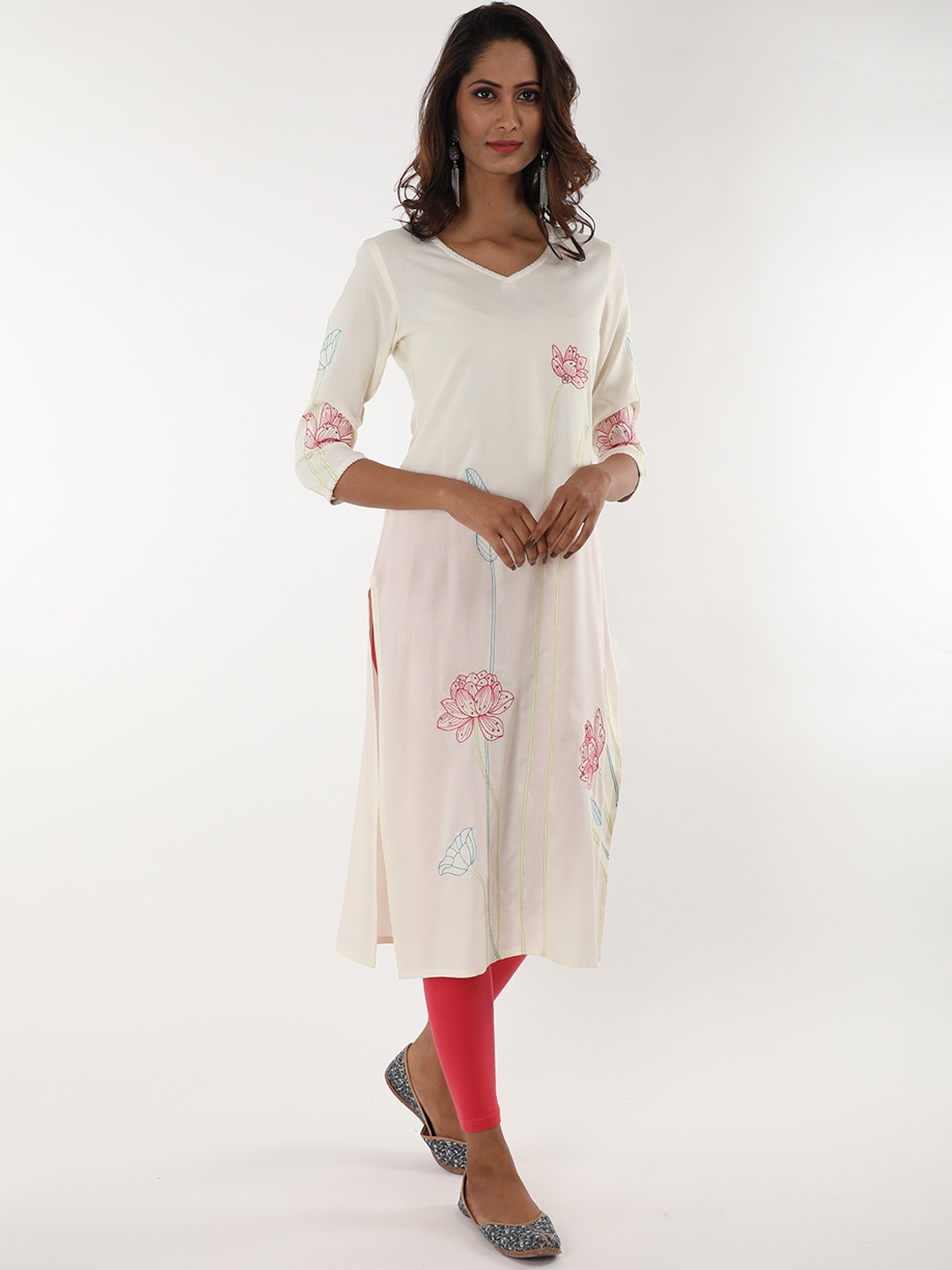 

SUTI Women Off White & Red Floral Embroidered Thread Work Kurta
