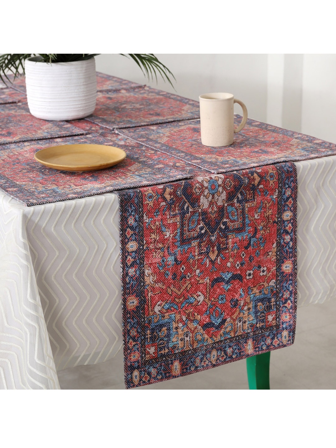 

HANDICRAFT PALACE Red & Blue Abstract Printed Table Placemats & Runner
