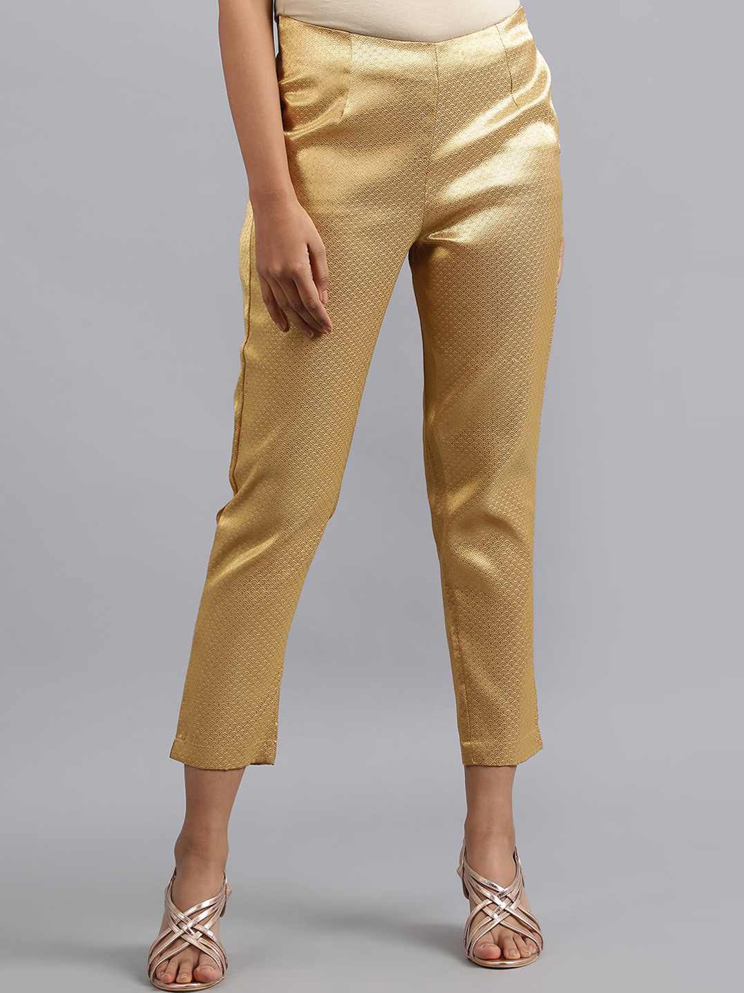 

W Women Gold-Toned Floral Printed Slim Fit Pleated Culottes Trousers