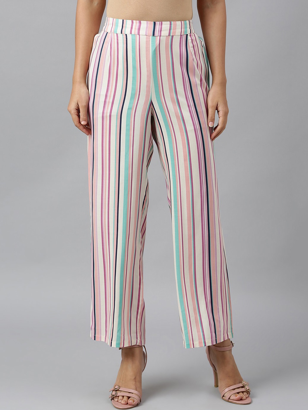 

W Women Cream-Colored Striped Pleated Trouser