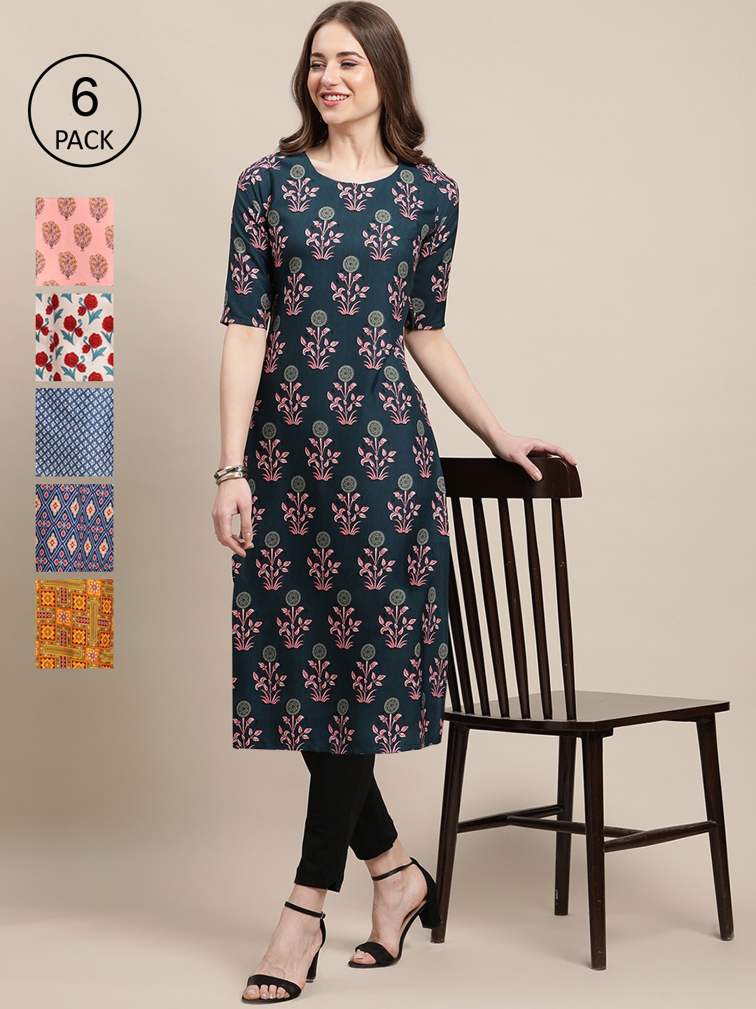 

7Threads Women Pack Of 6 Printed Crepe Straight Kurta, Blue