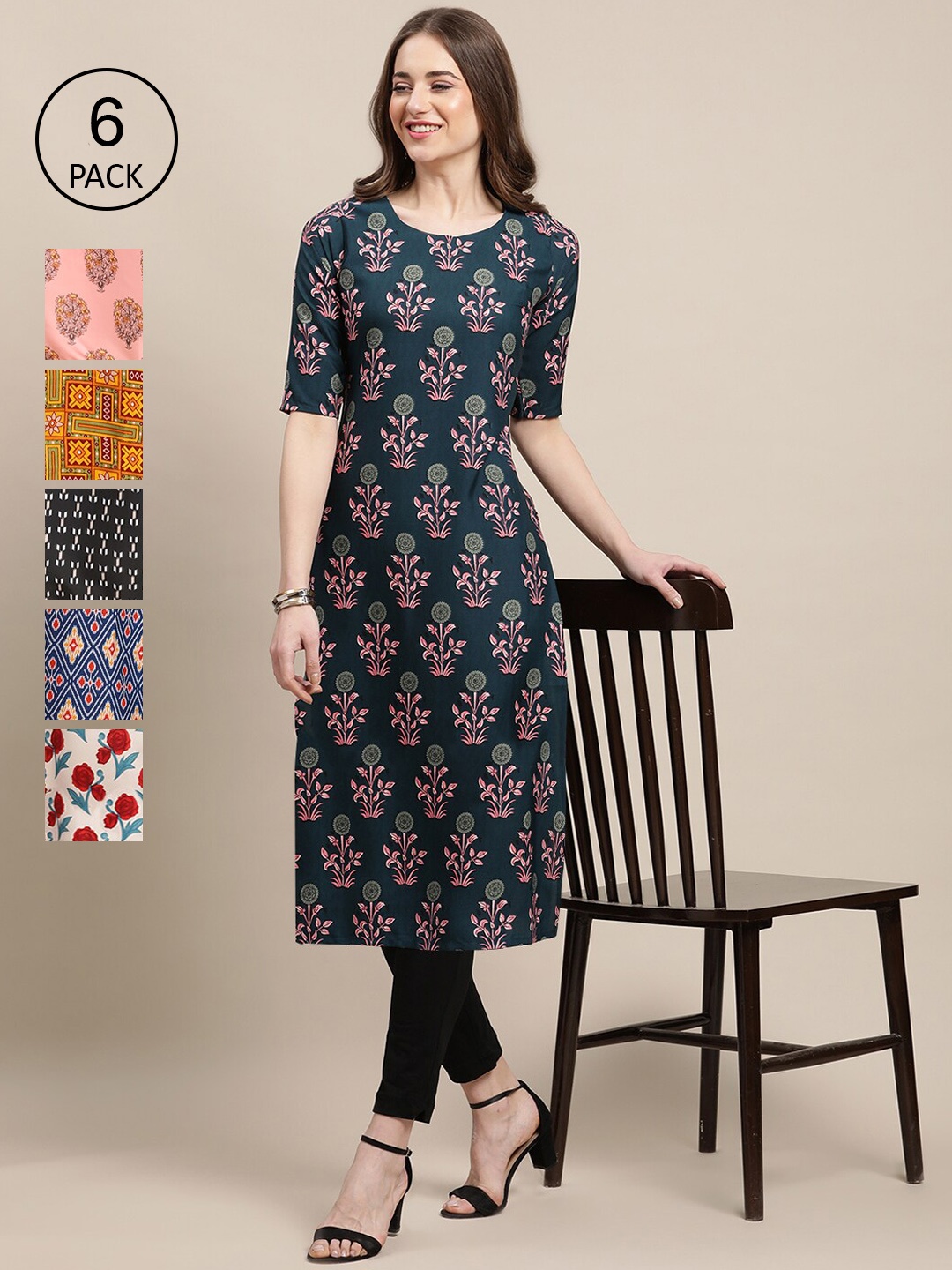

7Threads Women Pack of 6 Green & Black Ethnic Motifs Printed Crepe Kurta