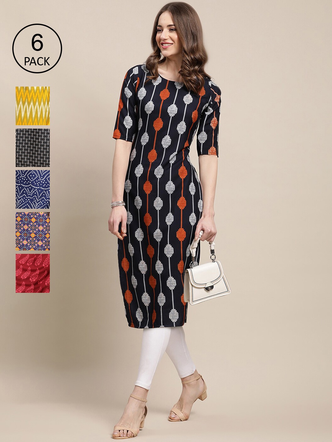 

7Threads Women Pack of 6 Navy Blue & Red Ethnic Motifs Printed Crepe Kurta