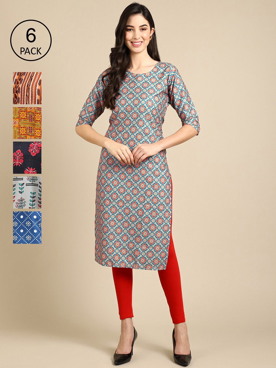 

7Threads Women Pack of 6 Blue & Grey Ethnic Motifs Printed Crepe Kurta