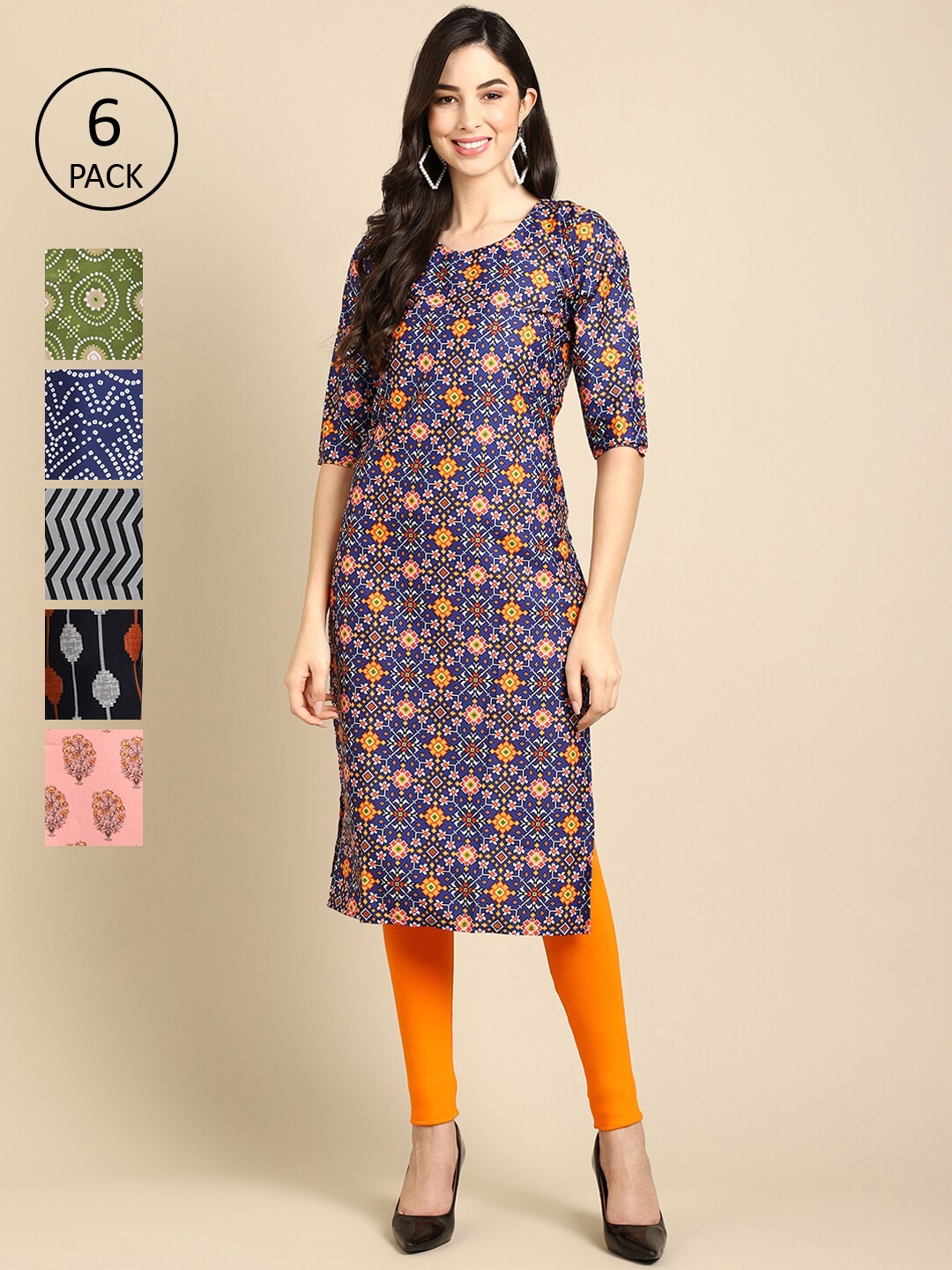 

7Threads Women Pack of 6 Blue & Green Ethnic Motifs Printed Crepe Kurta