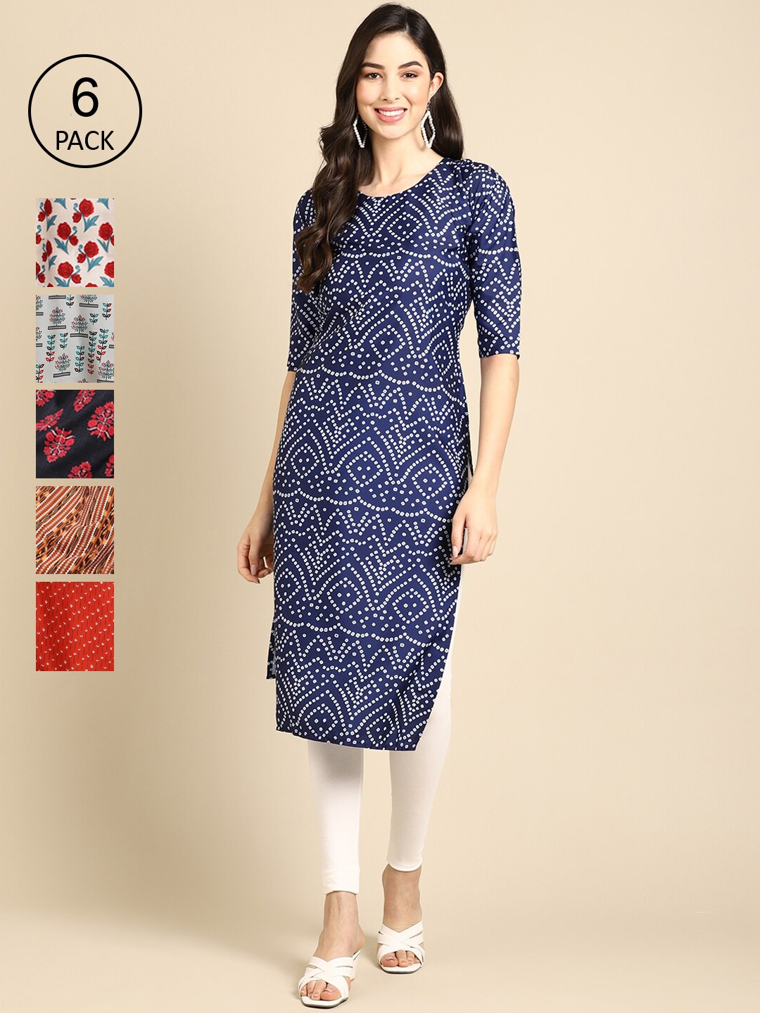 

7Threads Women Pack of 6 Blue & Red Ethnic Motifs Printed Crepe Kurta
