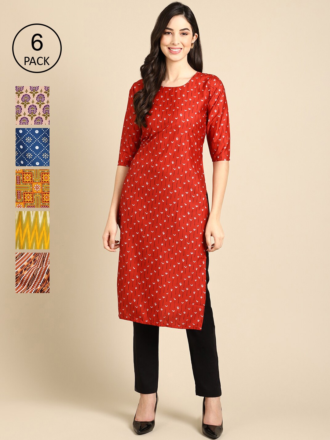 

7Threads Women Pack of 6 Geometric Printed Summer Sheers Crepe Kurta, Red