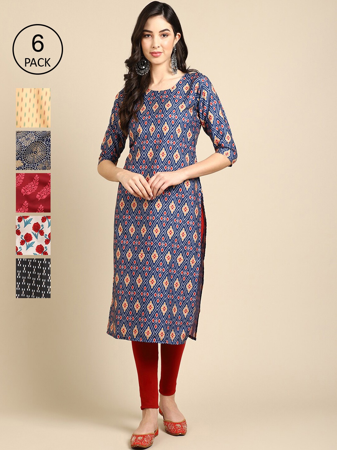 

7Threads Women Pack of 6 Printed Crepe Kurta, Blue