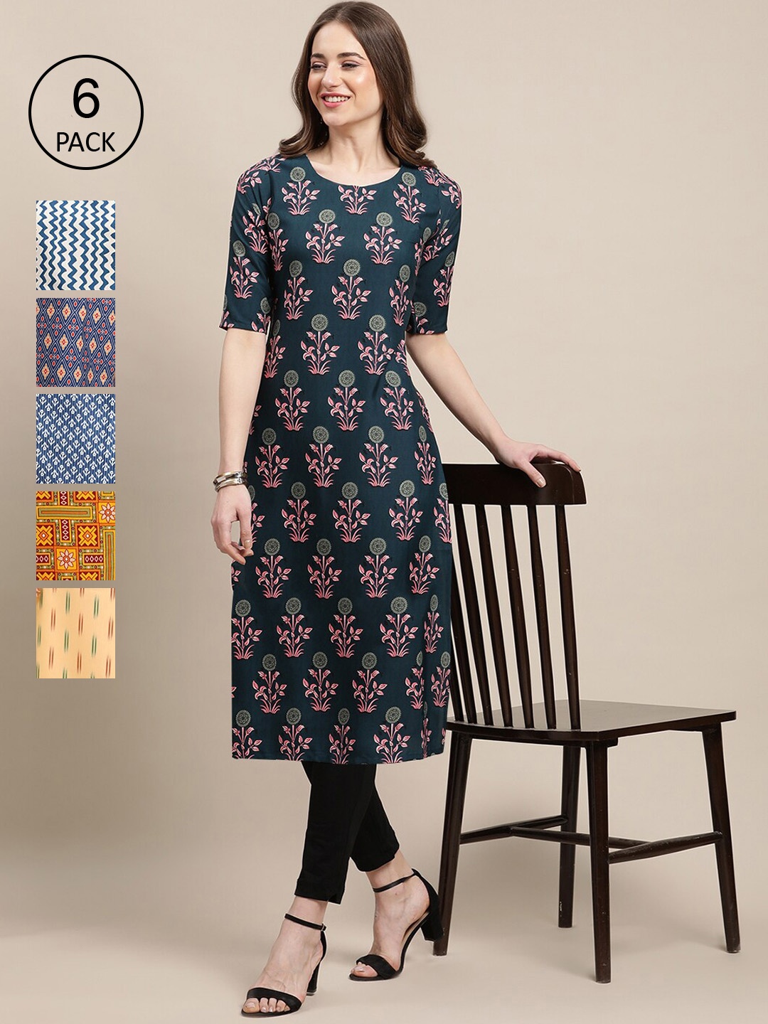 

7Threads Women Pack of 6 Printed Summer Sheers Crepe Kurta, Multi