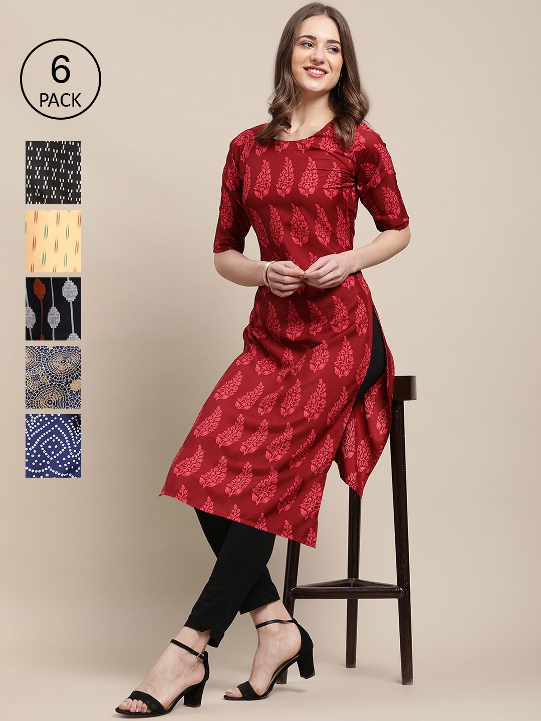 

7Threads Women Pack Of 6 Striped Lightweight Crepe Kurta, Maroon