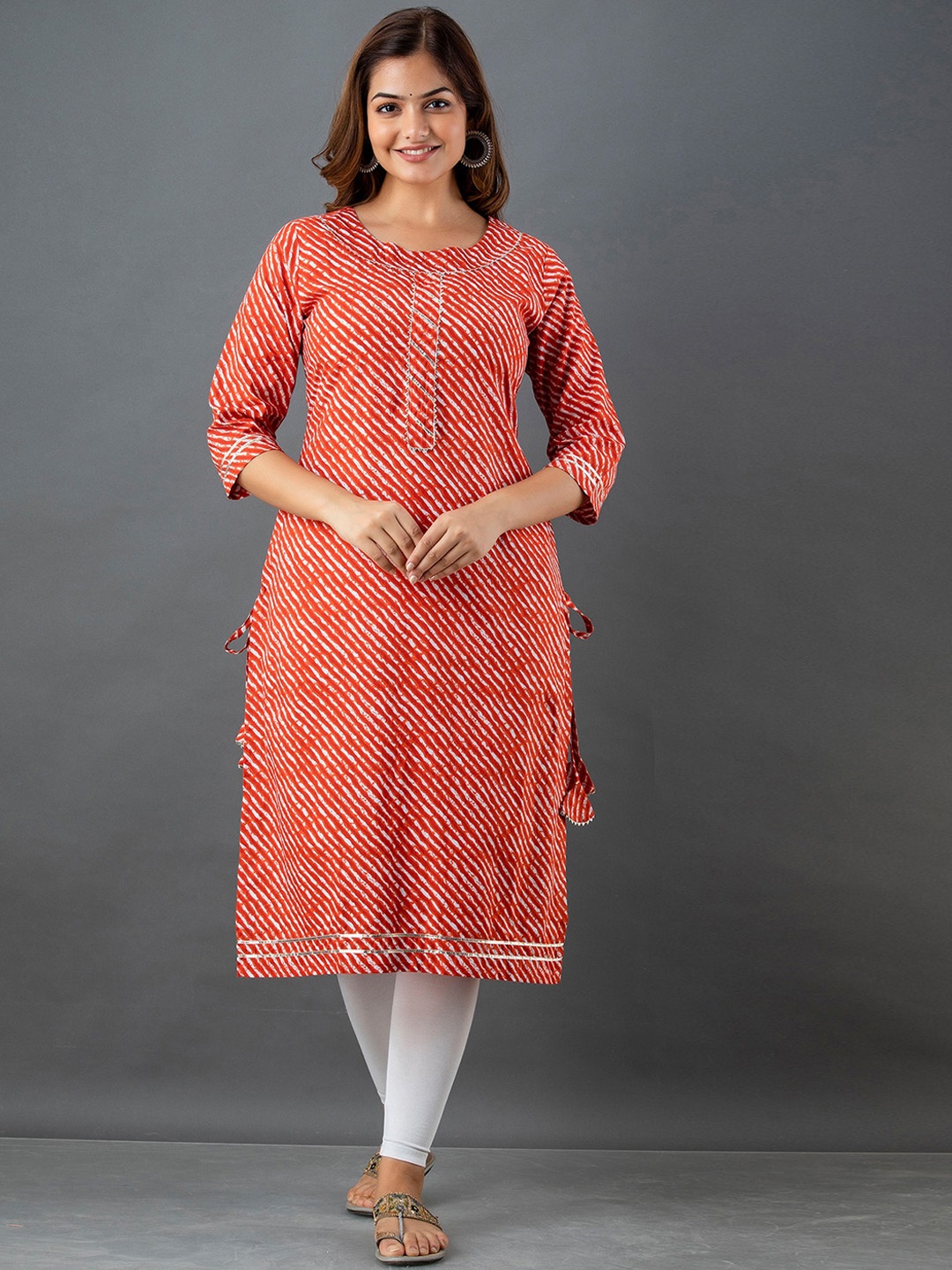 

Lee Moda Women Orange & White Leheriya Printed Indie Prints Kurta