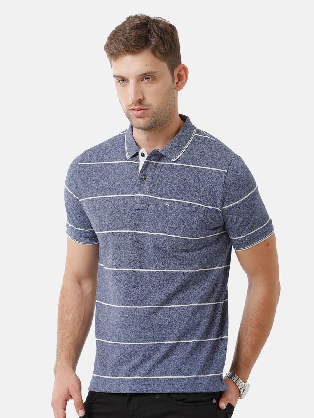 

Classic Polo Men Grey Striped Cotton Polo Collar Slim Fit T-shirt