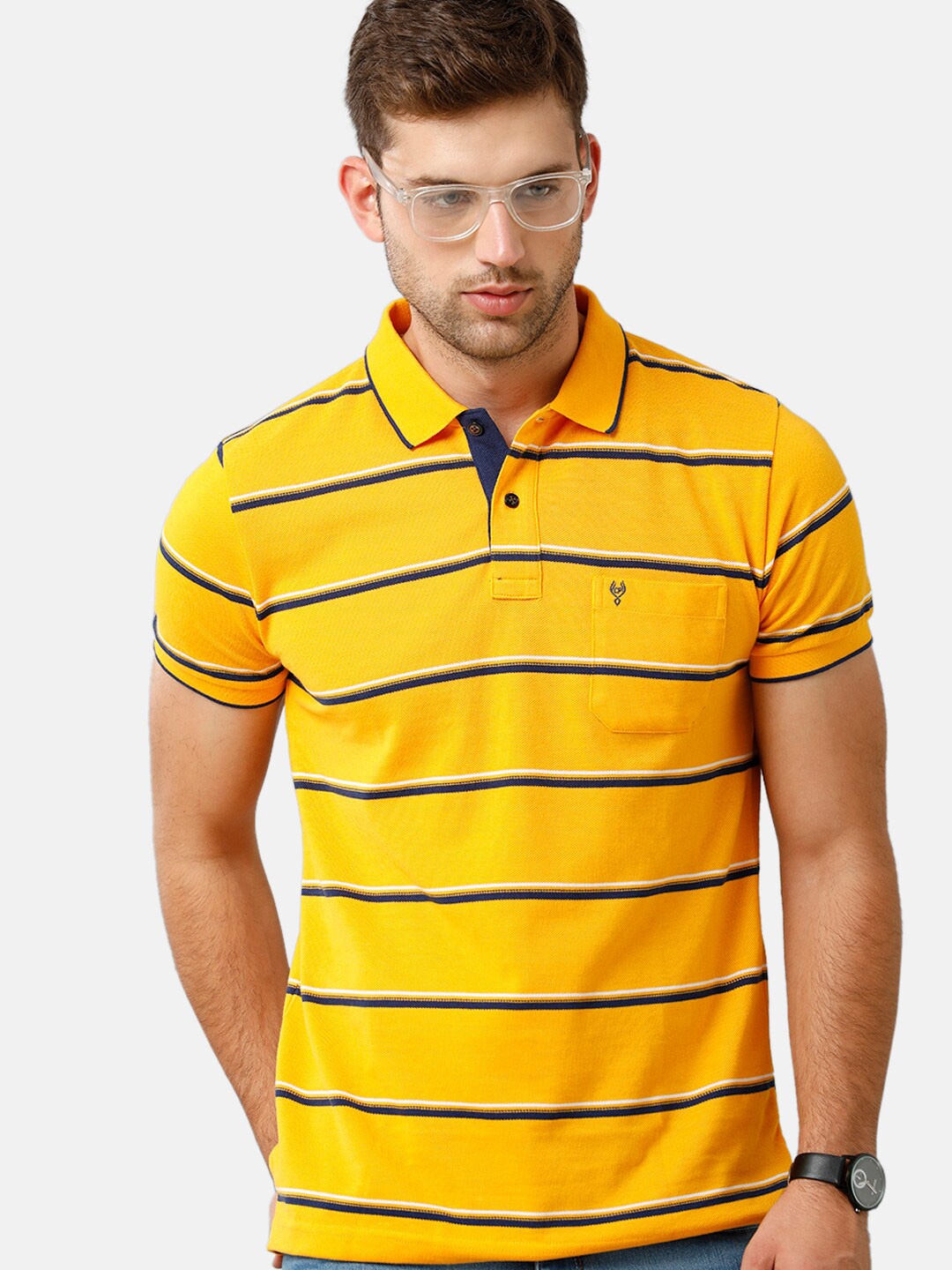 

Classic Polo Men Yellow Striped Polo Collar Slim Fit T-shirt