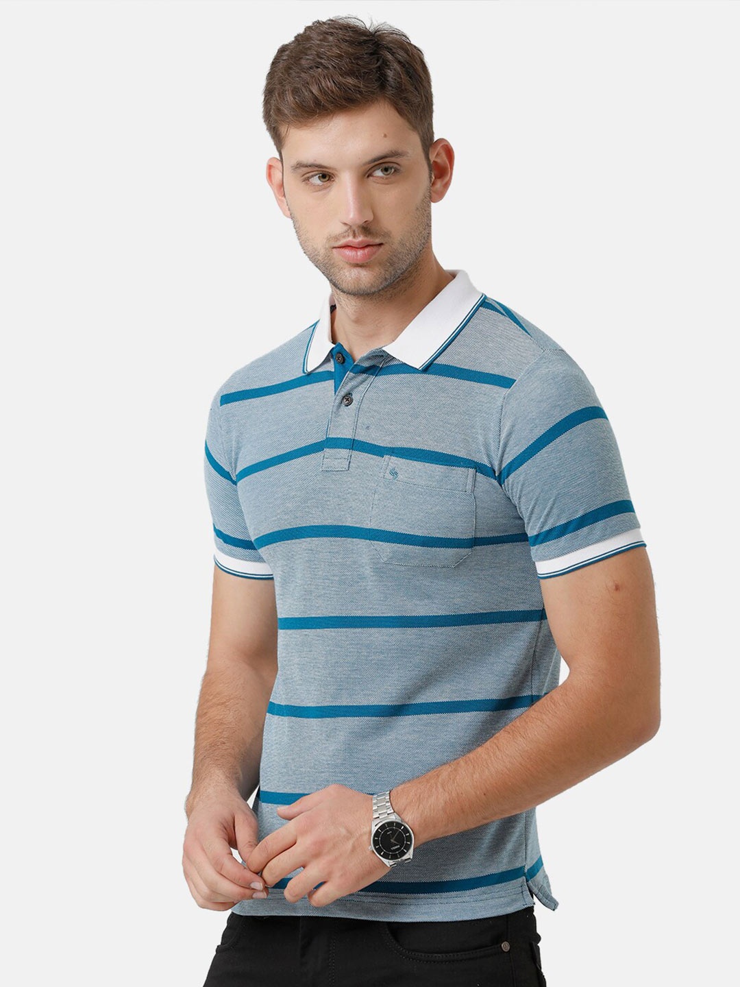 

Classic Polo Men Blue Striped Polo Collar Slim Fit T-shirt