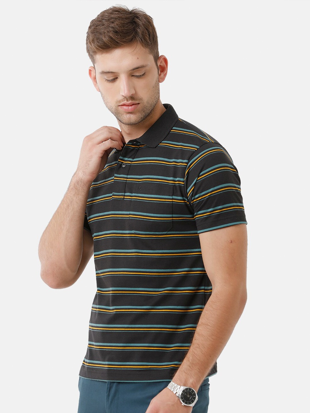 

Classic Polo Men Black Striped Polo Collar T-shirt