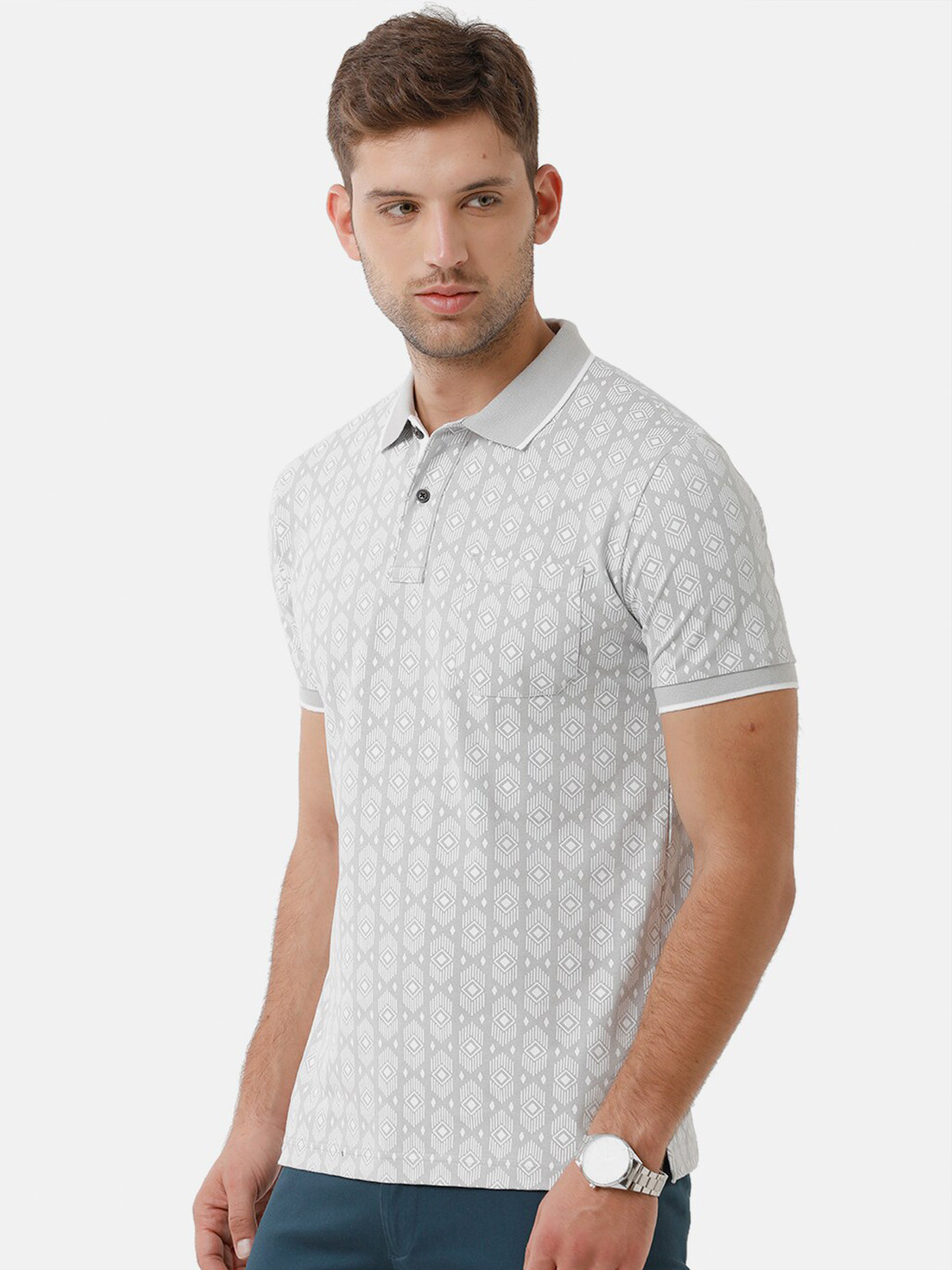 

Classic Polo Men Grey Printed Polo Collar Slim Fit T-shirt
