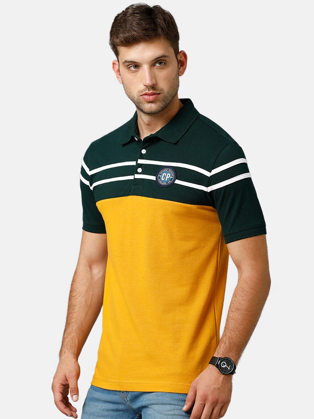 

Classic Polo Men Yellow & Green Colourblocked Polo Collar Slim Fit T-shirt