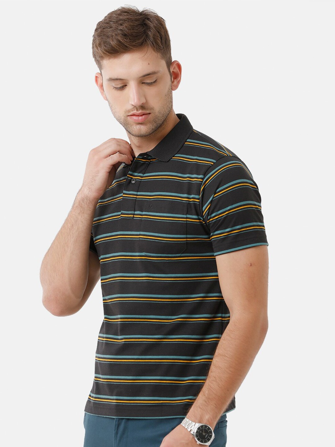 

Classic Polo Men Black & Green Striped Polo Collar T-shirt