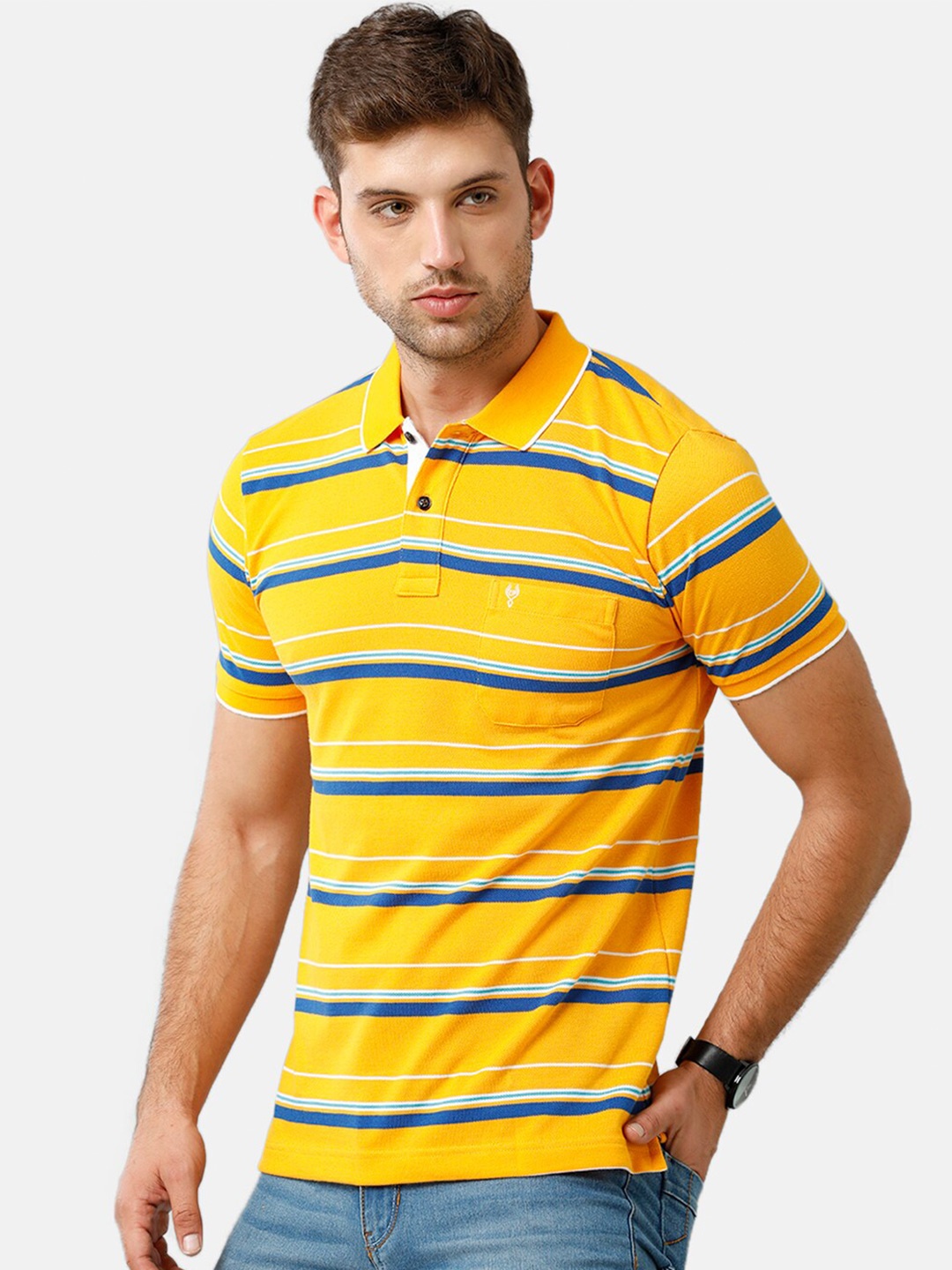 

Classic Polo Men Yellow Striped Polo Collar Slim Fit T-shirt
