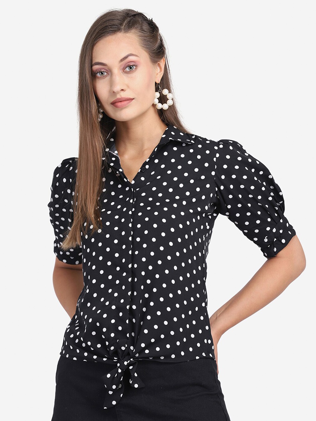 

Atsevam Black & White Print Crepe Shirt Style Top