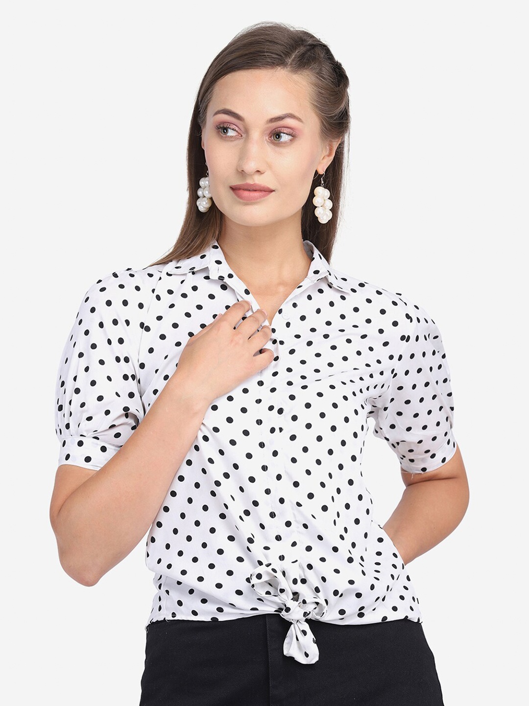 

Atsevam White & Black Printed Crepe Shirt Style Top