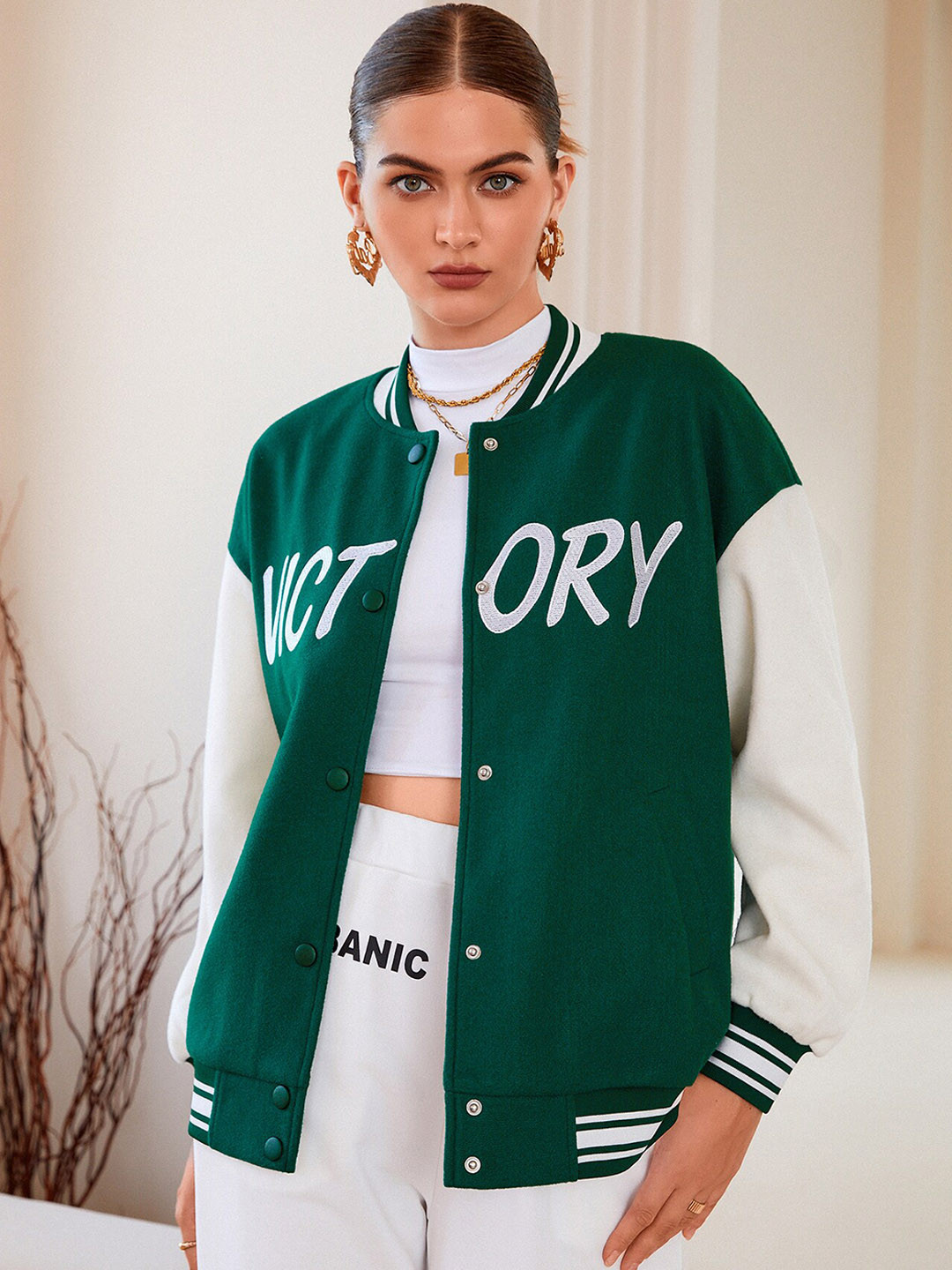 

URBANIC Women Green White Typography Varsity Jacket