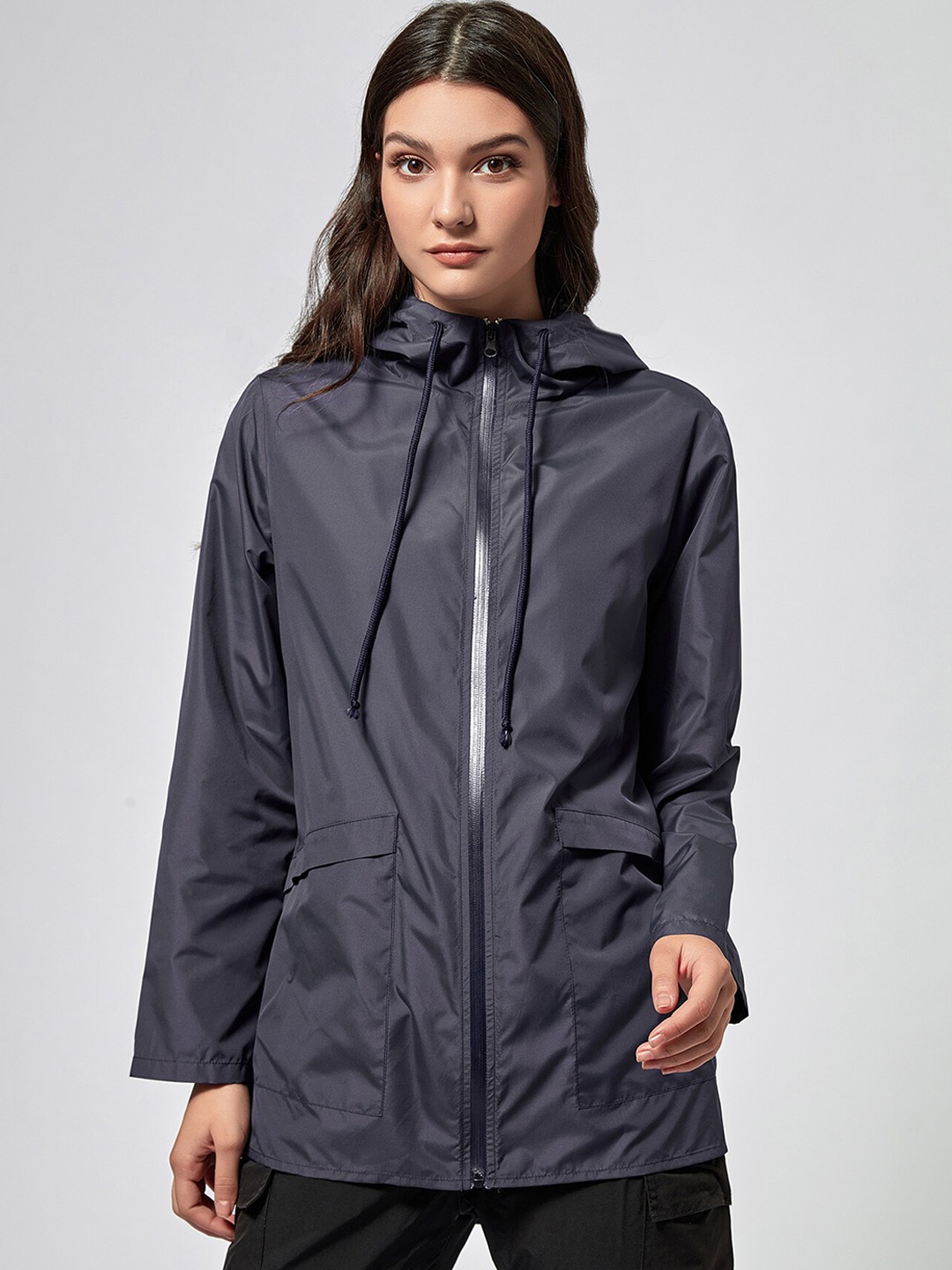

URBANIC Women Navy Blue Windbreaker Longline Bomber Jacket