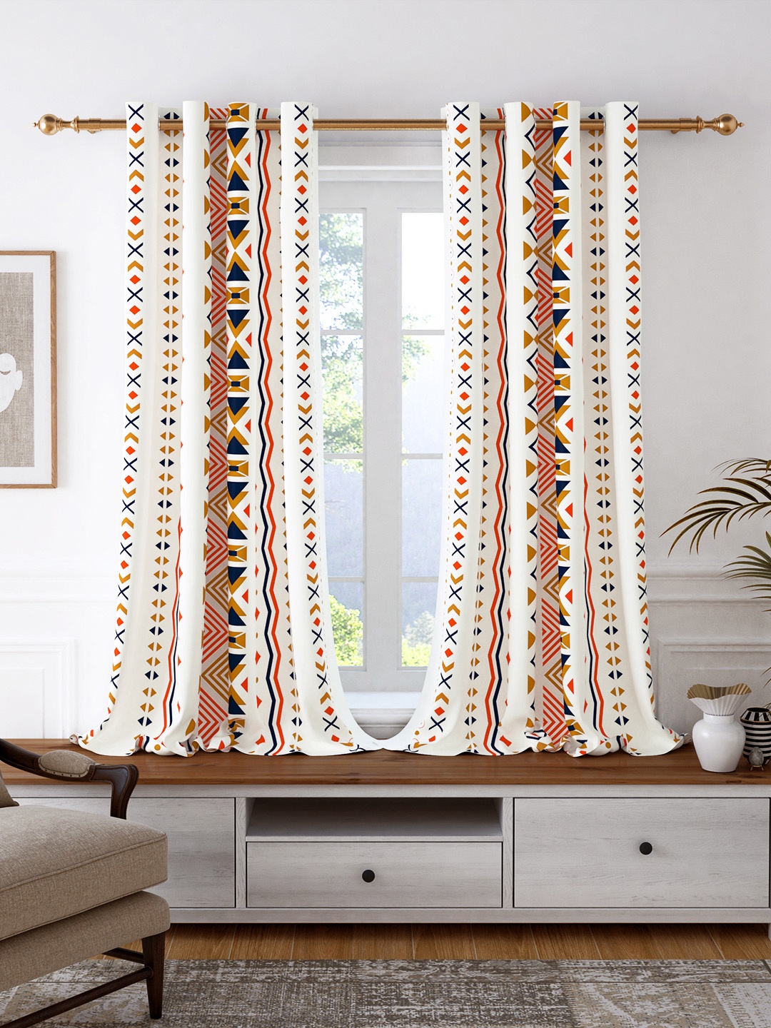 

Story@home Set of 2 White & Mustard Geometric Room Darkening Window Curtain