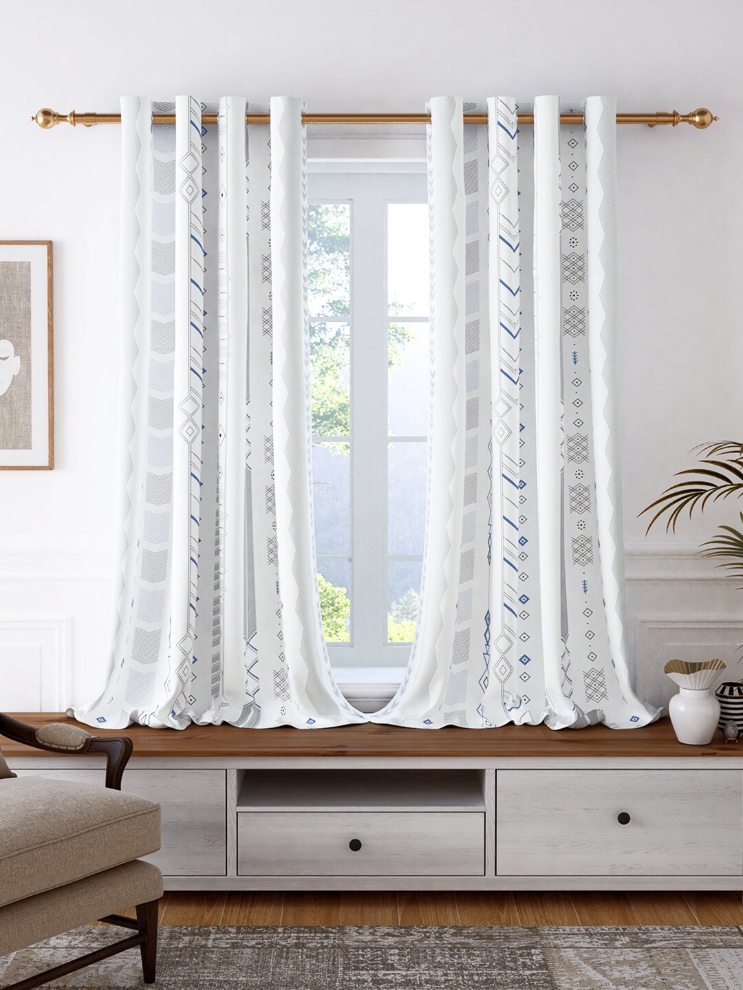 

Story@home Set of 2 White & Blue Geometric Room Darkening Window Curtain