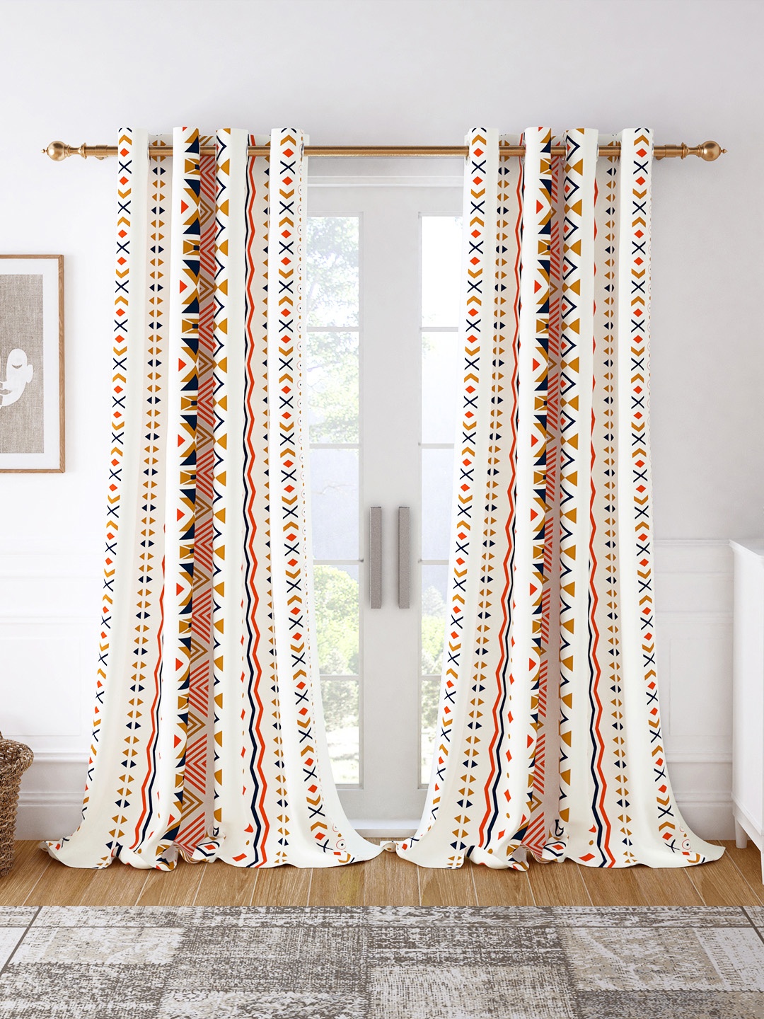 

Story@home Set of 2 White & Mustard Geometric Room Darkening Door Curtain