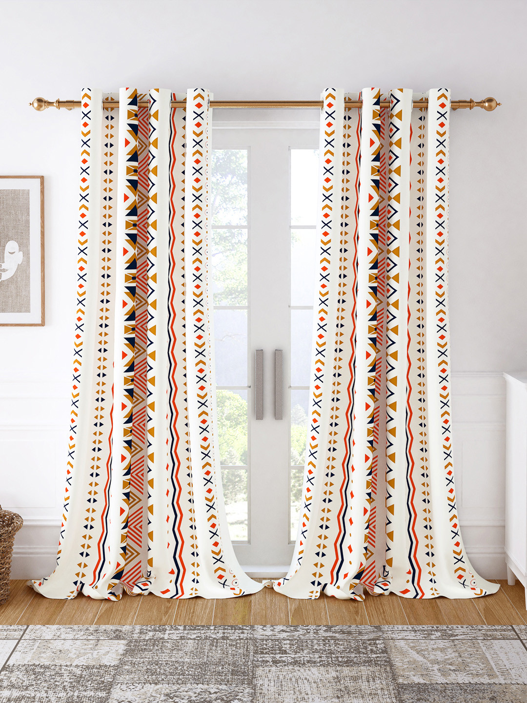 

Story@home Set of 2 White & Mustard Geometric Room Darkening Long Door Curtain