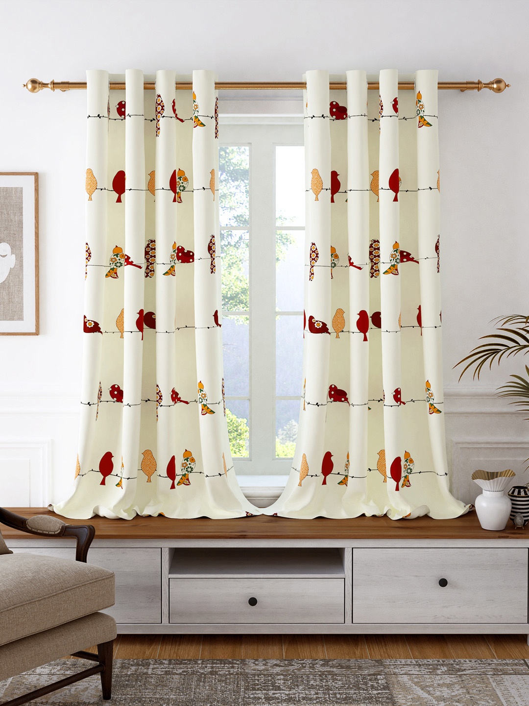 

Story@home Set of 2 White & Red Quirky Room Darkening Window Curtain