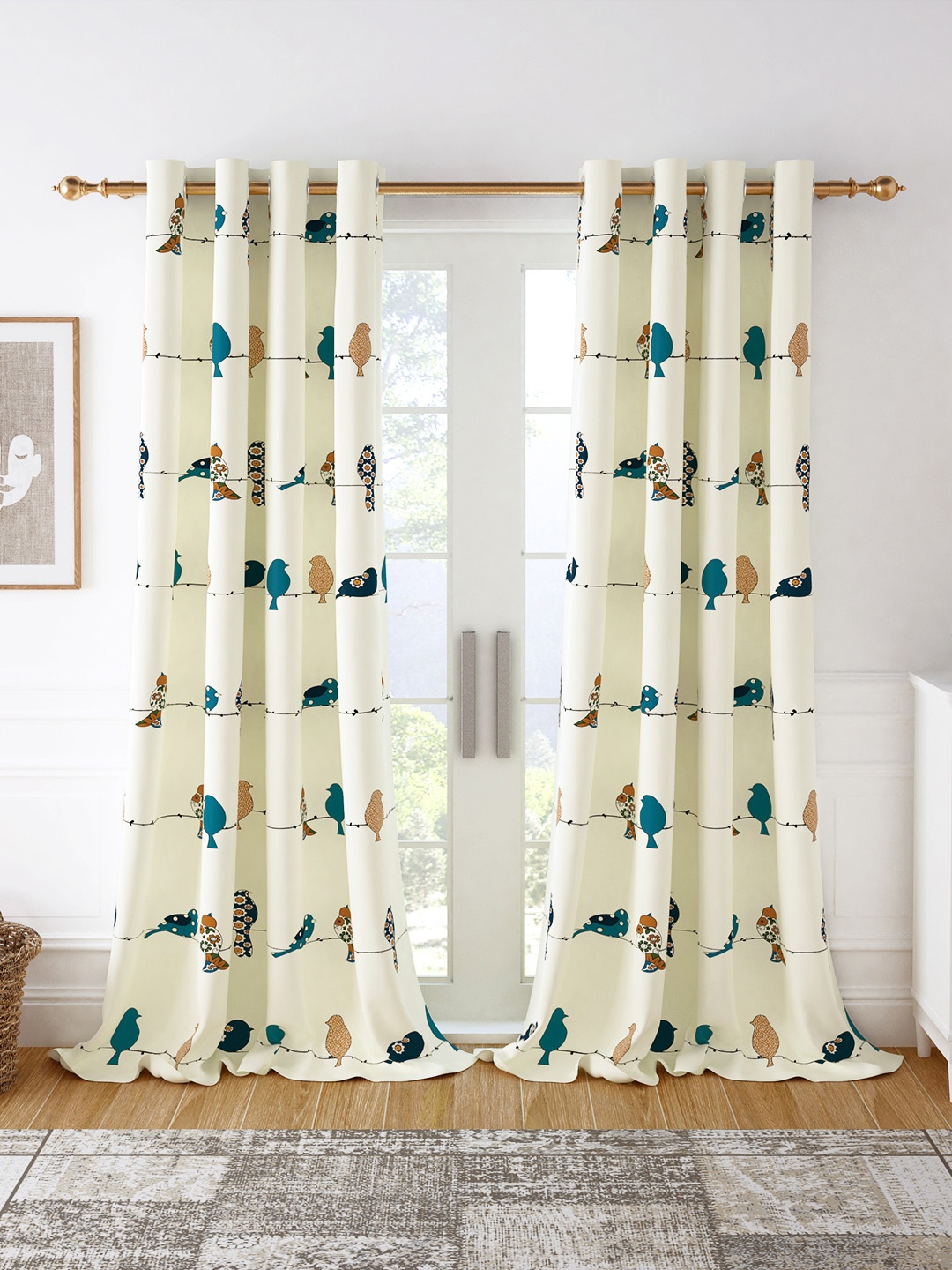 

Story@home Set of 2 White & Mustard Quirky Room Darkening Door Curtain