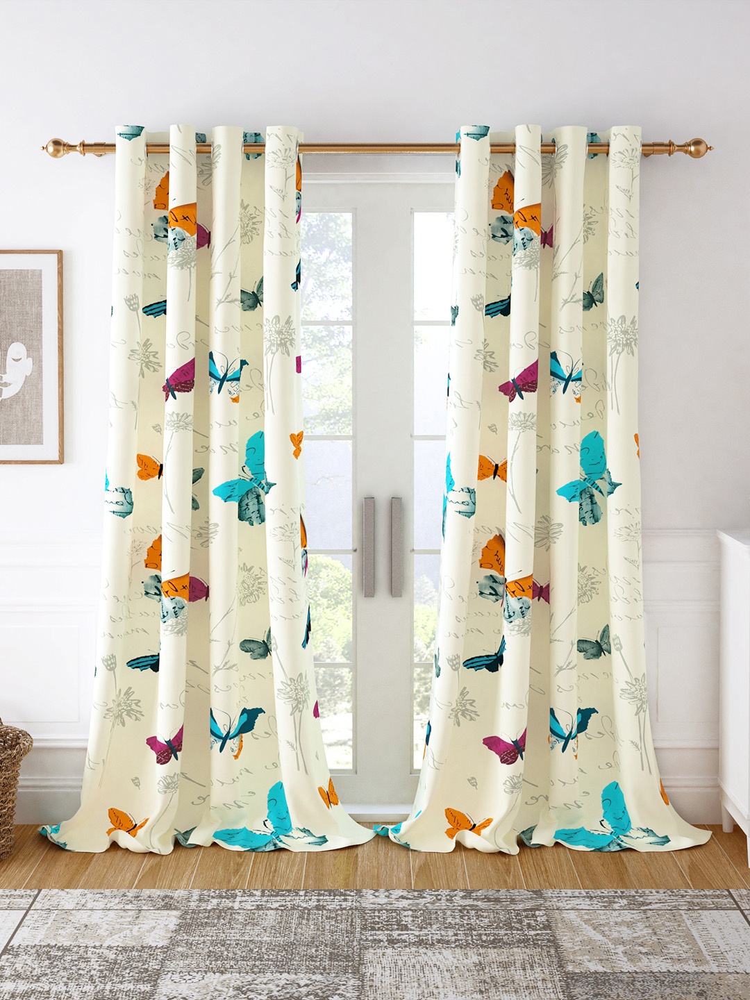

Story@home Set of 2 White & Pink Printed Room Darkening Door Curtain