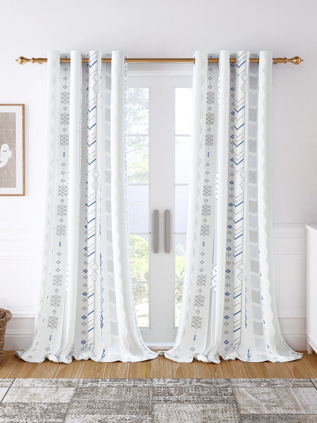 

Story@home Set of 2 White & Blue Geometric Room Darkening Long Door Curtain