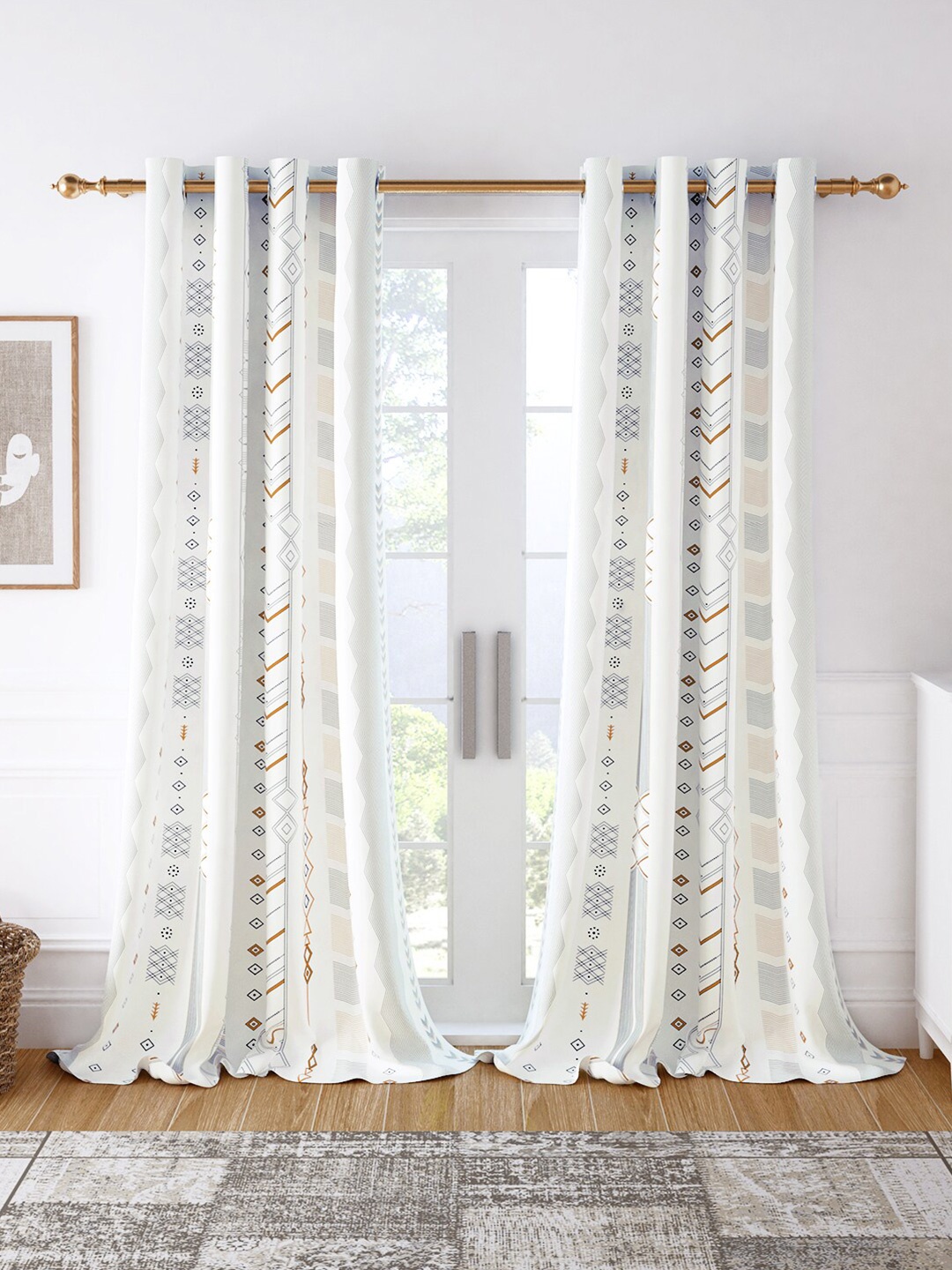 

Story@home Set of 2 White & Yellow Geometric Room Darkening Long Door Curtain