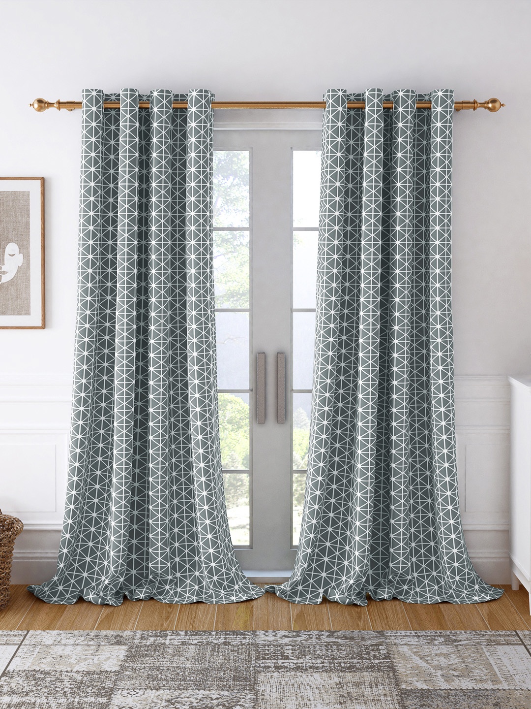 

Story@home Set of 2 Grey & White Geometric Cotton Room Darkening Long Door Curtain