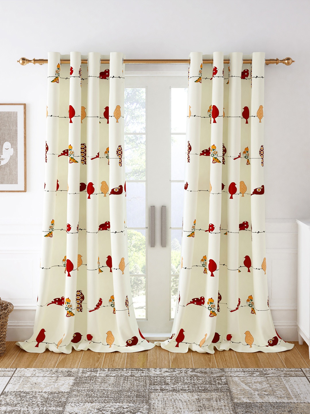 

Story@home White & Red Set of 2 Quirky Cotton Room Darkening Door Curtain