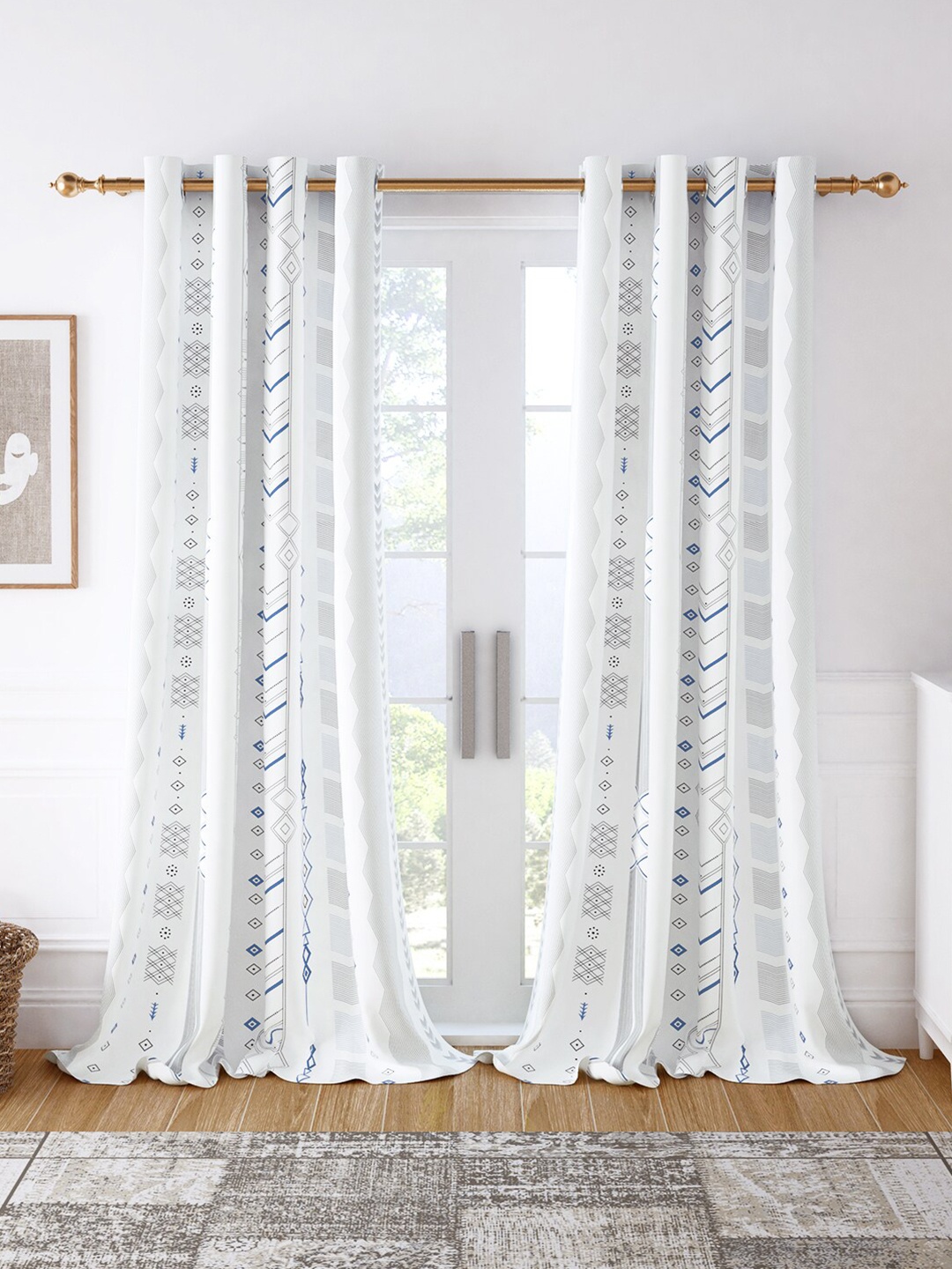 

Story@home White & Blue Set of 2 Geometric Printed Room Darkening Door Curtain