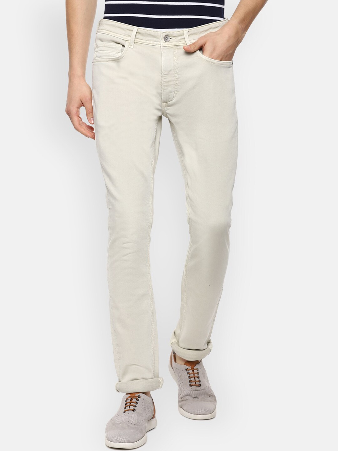 

Louis Philippe Jeans Men Cream-Coloured Solid Slim Fit Jeans