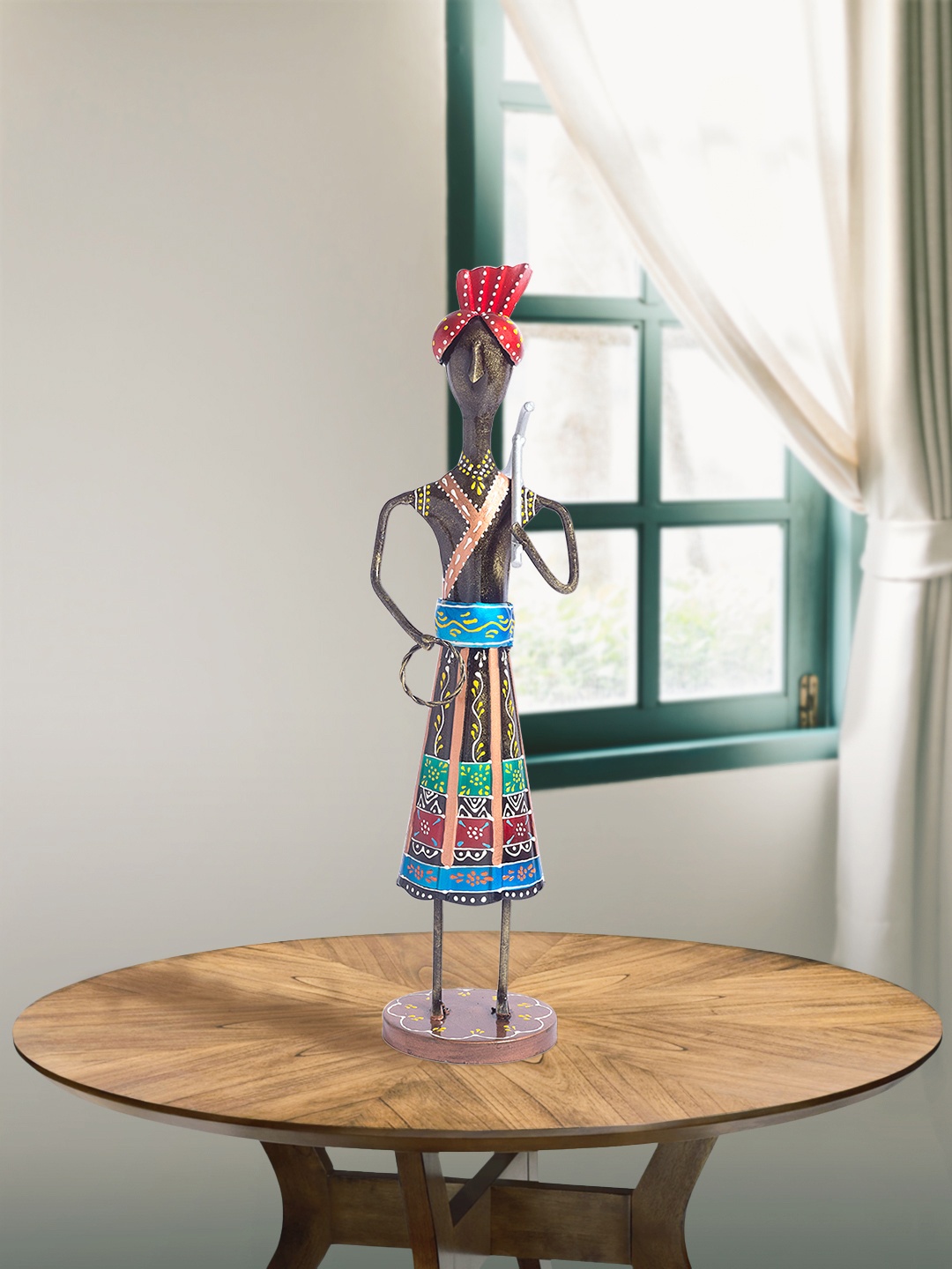 

Golden Peacock Metallic-Toned & Red Textured Tribal Metal Showpiece