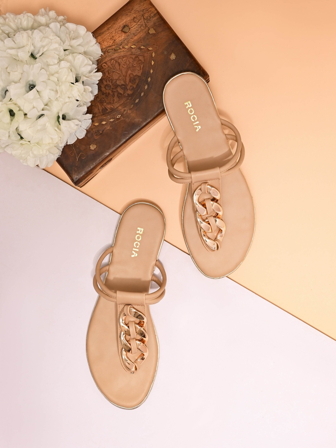 

Rocia Women Beige Embellished T-Strap Flats