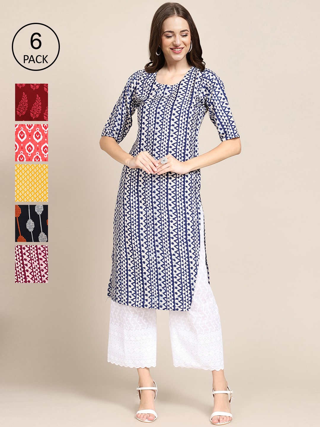 

7Threads Women Blue & Yellow Ethnic Motifs Printed Crepe Kurta
