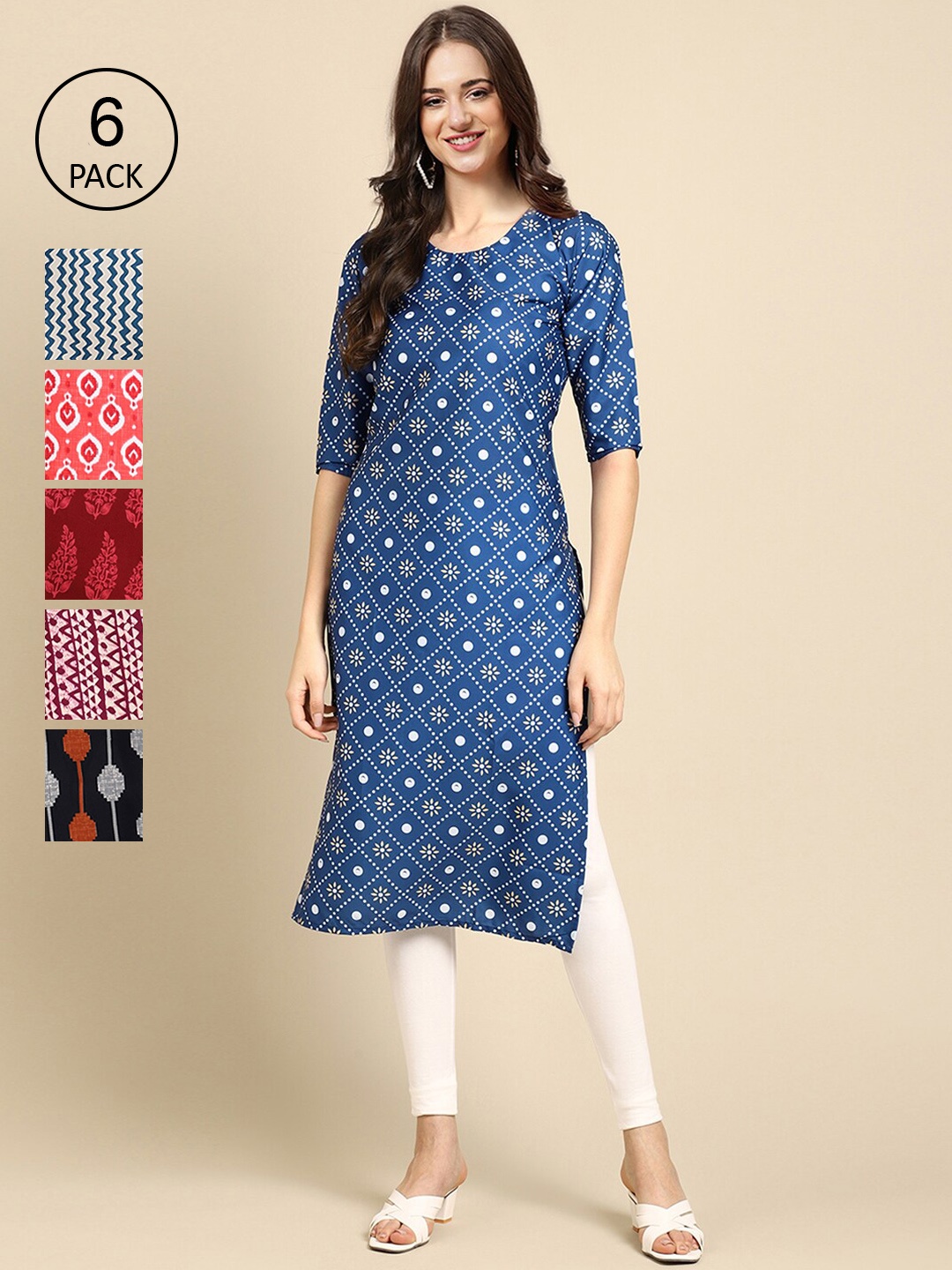 

7Threads Women Pack Of 6 Printed Crepe Straight Kurta, Blue
