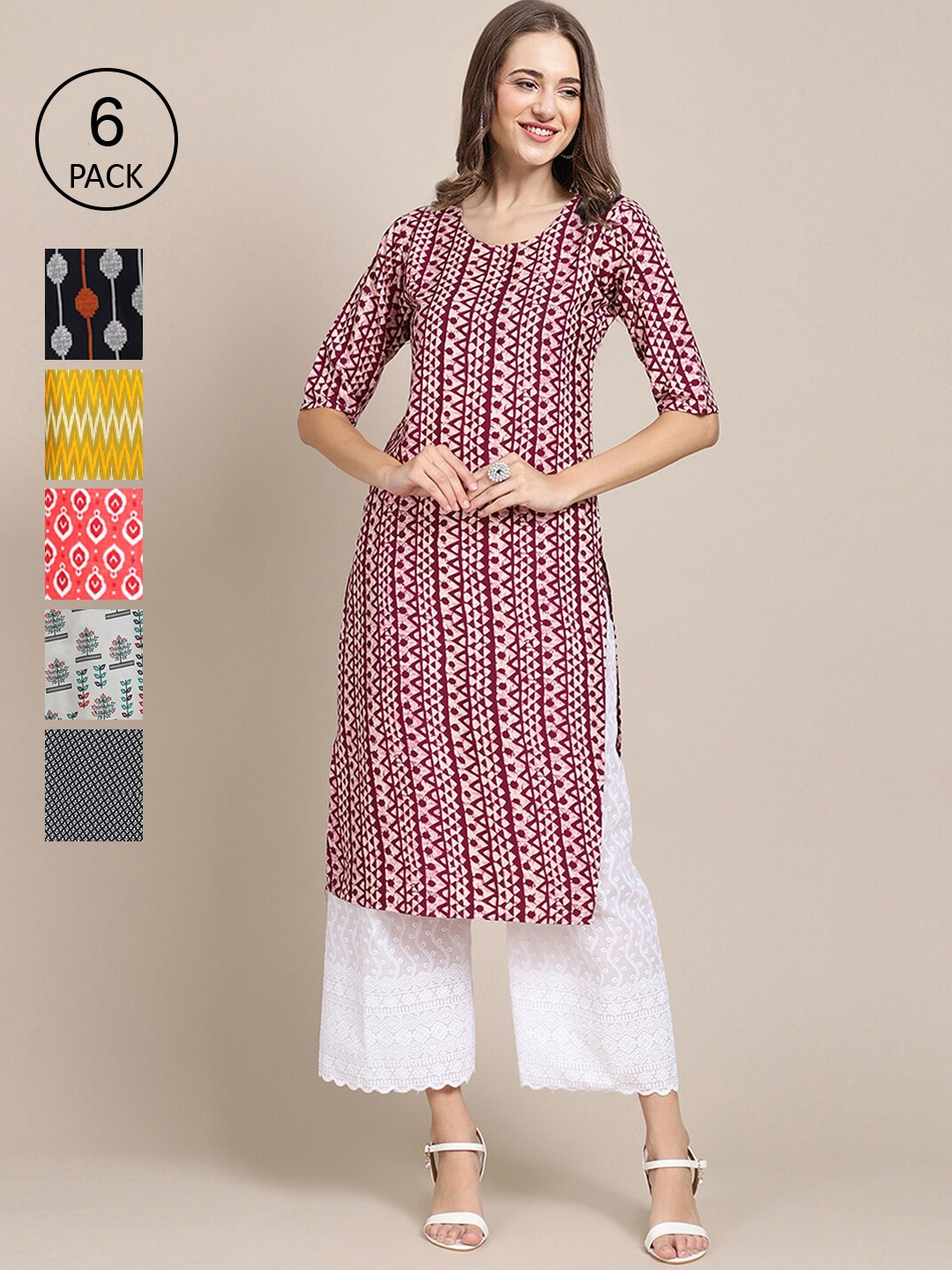 

7Threads Women Pack of 6 Ethnic Motifs Yoke Design Crepe Kurta, Pink